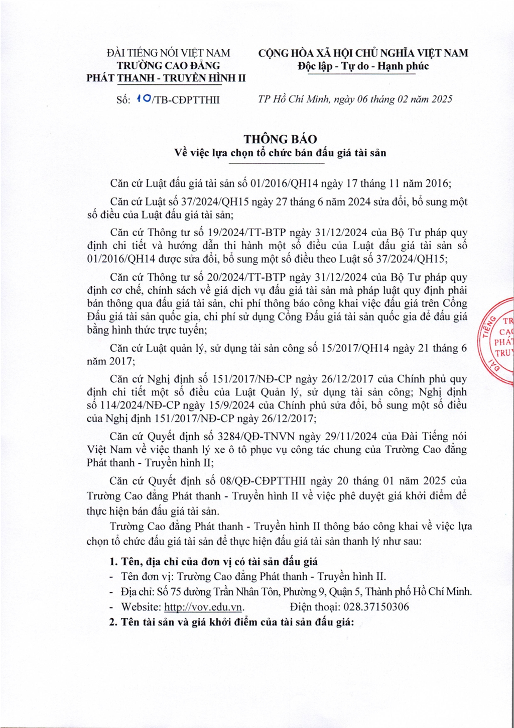Thông báo về việc lựa chọn tổ chức bán đấu giá tài sản