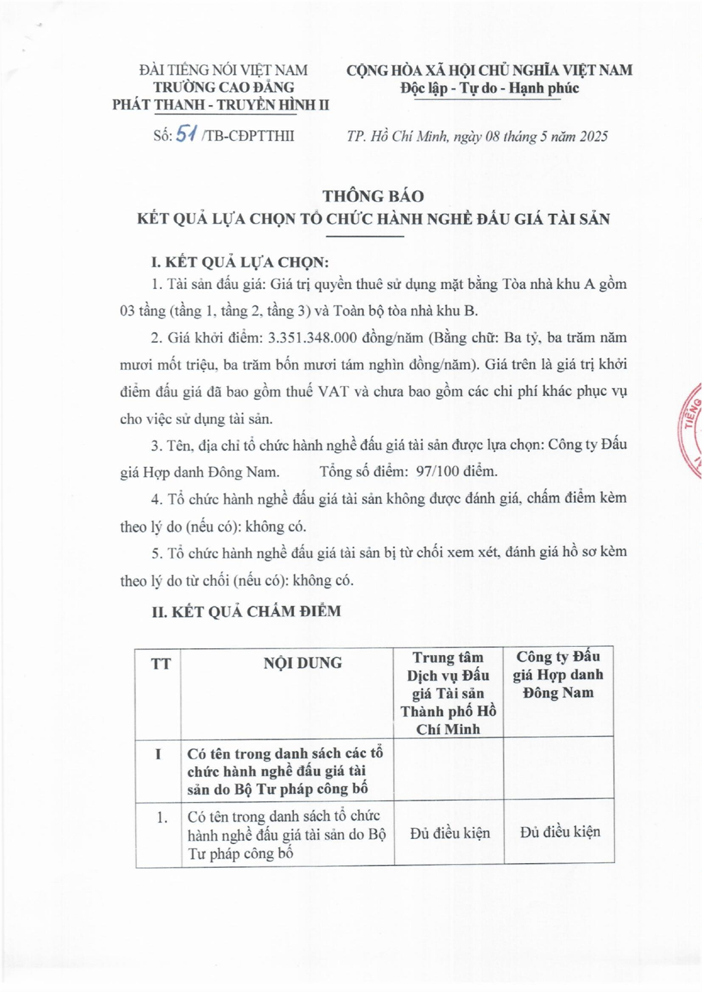 Thông báo kết quả lựa chọn tổ chức hành nghề đấu giá tài sản